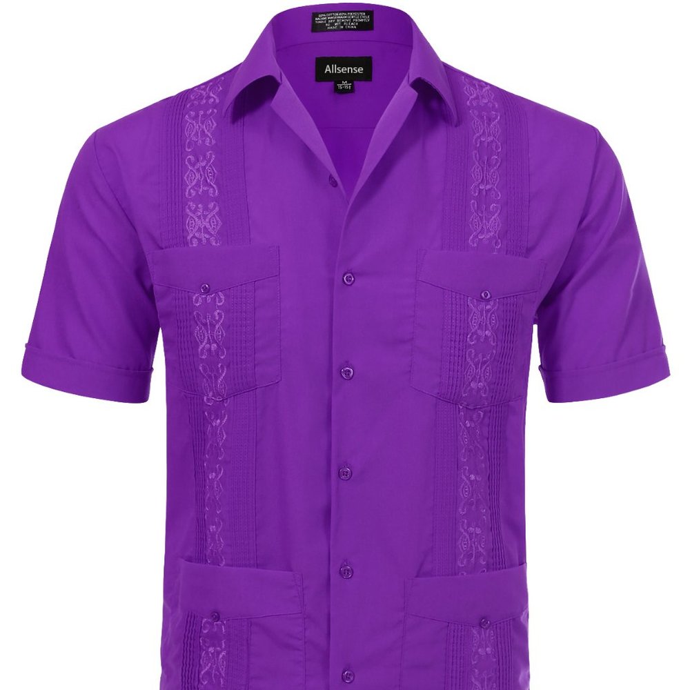 Men's Short Sleeve Cuban Guayabera Shirt Purple